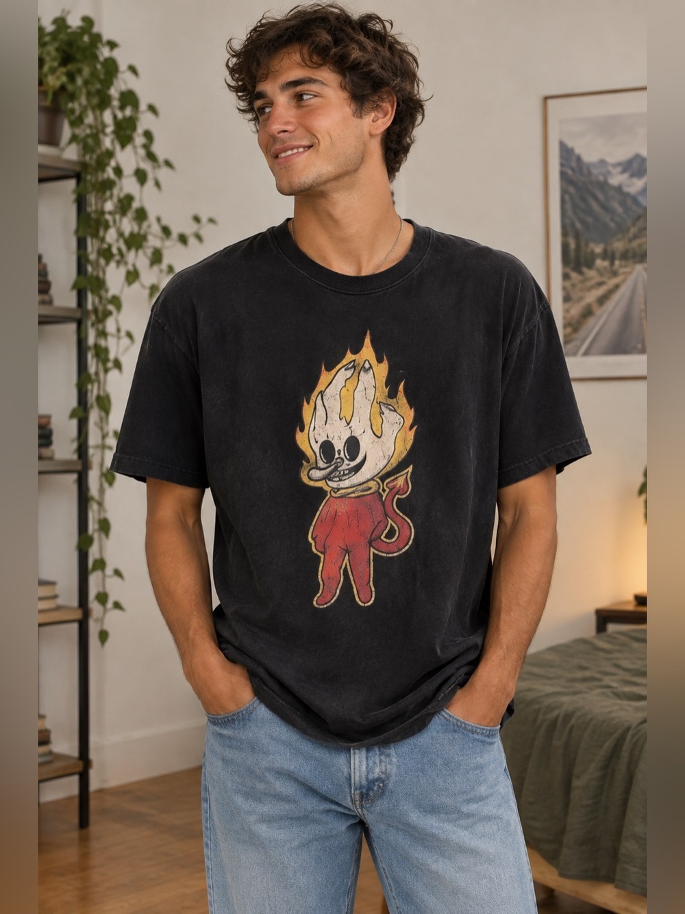Gildan Softstyle Graphic Black Flaming Hand Tee Size L Streetwear Y2K Skater
